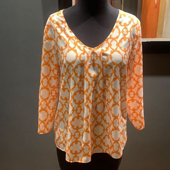 Blue Rain orange/white geometric print front pleat blouse, small - Picture 1 of 7